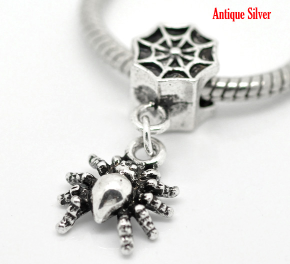 Picture of European Style Large Hole Charm Dangle Beads Halloween Spider Antique Silver Color 31mm x 13mm, 20 PCs