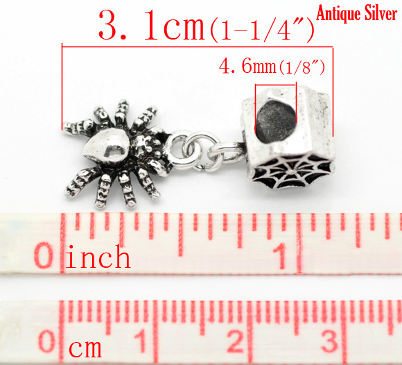 Picture of European Style Large Hole Charm Dangle Beads Halloween Spider Antique Silver Color 31mm x 13mm, 20 PCs