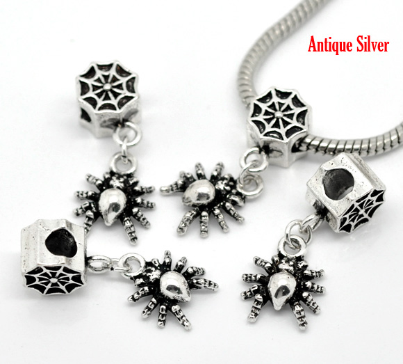 Picture of European Style Large Hole Charm Dangle Beads Halloween Spider Antique Silver Color 31mm x 13mm, 20 PCs