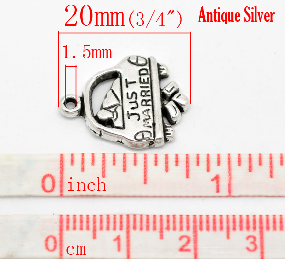 Picture of Zinc Based Alloy Charms Car Antique Silver Color Message " JUST MARRIED " Carved 20mm( 6/8") x 16mm( 5/8"), 30 PCs