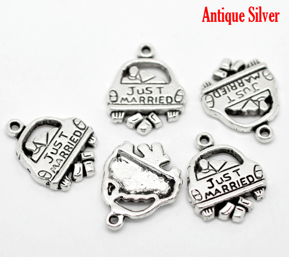 Picture of Zinc Based Alloy Charms Car Antique Silver Color Message " JUST MARRIED " Carved 20mm( 6/8") x 16mm( 5/8"), 30 PCs