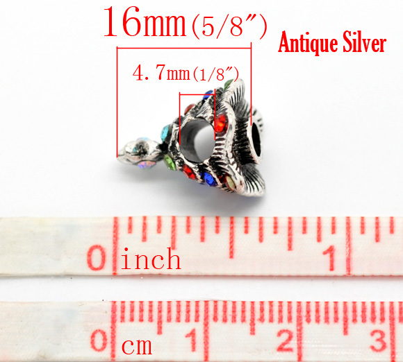 Picture of Zinc Metal Alloy European Style Large Hole Charm Beads Christmas Tree Antique Silver Color Multicolor Rhinestone About 16mm x 14mm, Hole: Approx 4.7mm, 10 PCS