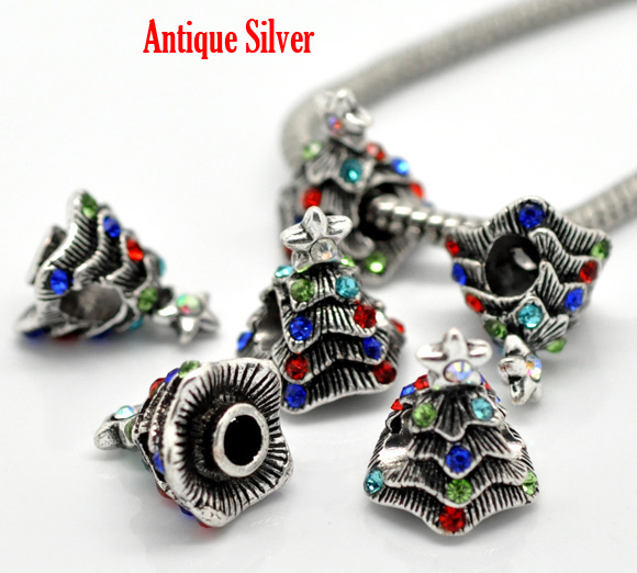 Picture of Zinc Metal Alloy European Style Large Hole Charm Beads Christmas Tree Antique Silver Color Multicolor Rhinestone About 16mm x 14mm, Hole: Approx 4.7mm, 10 PCS