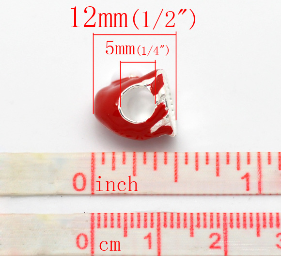 Picture of Zinc Metal Alloy European Style Large Hole Charm Beads Christmas Santa's Hat Silver Plated Red Enamel 12x11mm, Hole: Approx 5mm, 10 PCS