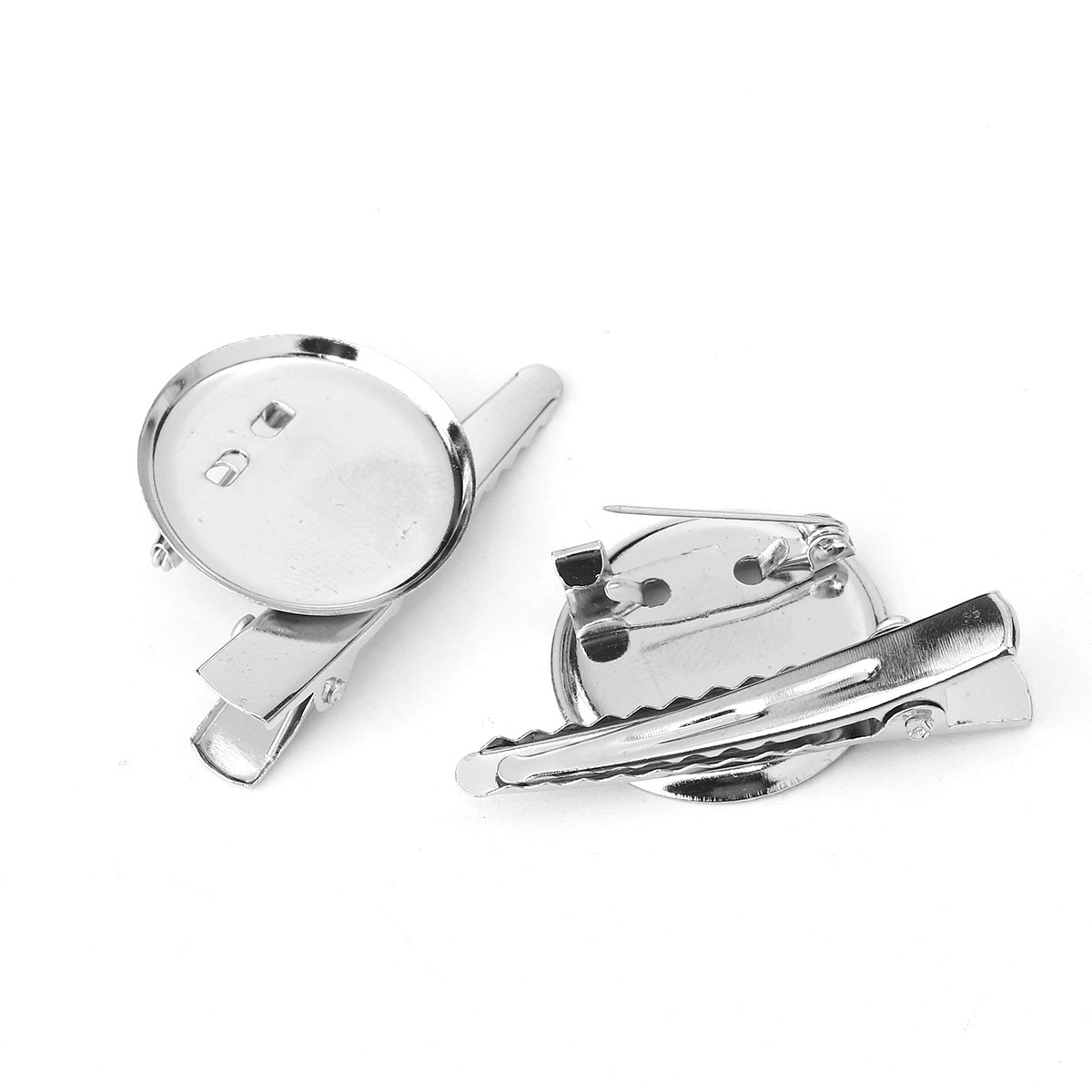 Picture of Iron Based Alloy Alligator Prong Clip & Pin Brooches Findings Round Silver Tone Cabochon Settings (Fits 22mm Dia.) 4cm x2.3cm(1 5/8" x 7/8"), 20 PCs