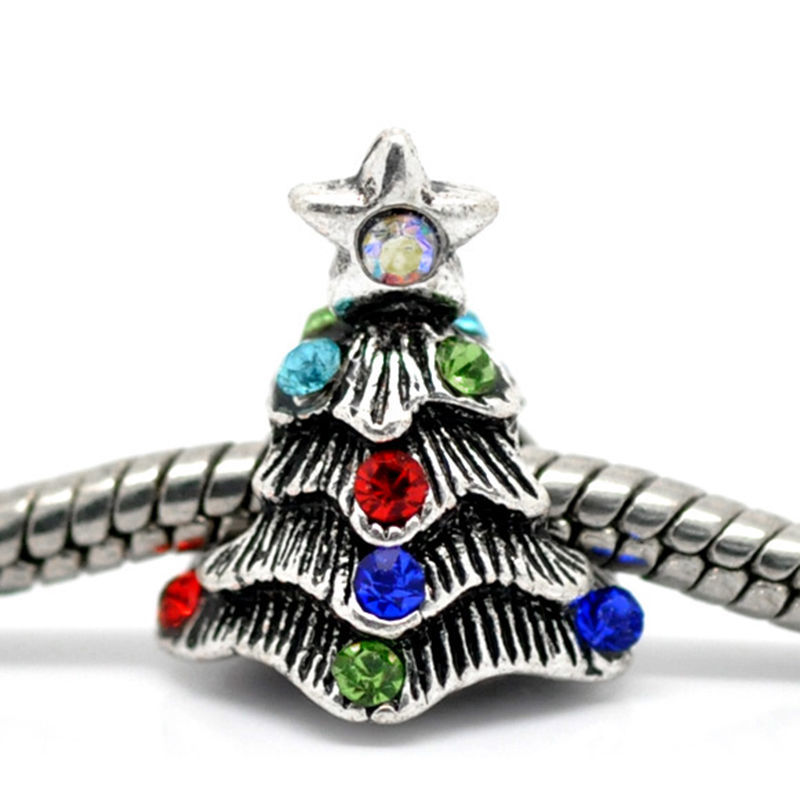 Picture of Zinc Metal Alloy European Style Large Hole Charm Beads Christmas Tree Antique Silver Color Multicolor Rhinestone About 16mm x 14mm, Hole: Approx 4.7mm, 10 PCS