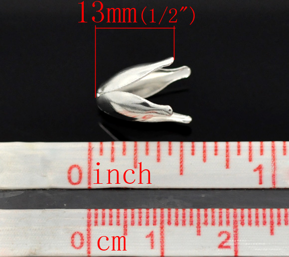 Imagen de Tapón de cuentas Aleación de Flor , Argentado (Tamaño Cuenta Adaptado 10mm) 13mm x 8mm, 200 Unidades