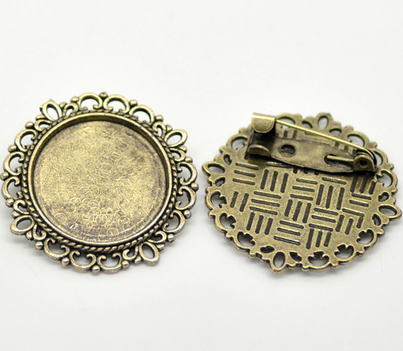 Picture of Zinc Based Alloy Pin Brooches Findings Round Antique Bronze Cabochon Settings (Fits 20.5mm Dia.) 3.2cm(1 2/8") Dia., 2 PCs