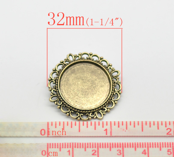 Picture of Zinc Based Alloy Pin Brooches Findings Round Antique Bronze Cabochon Settings (Fits 20.5mm Dia.) 3.2cm(1 2/8") Dia., 2 PCs