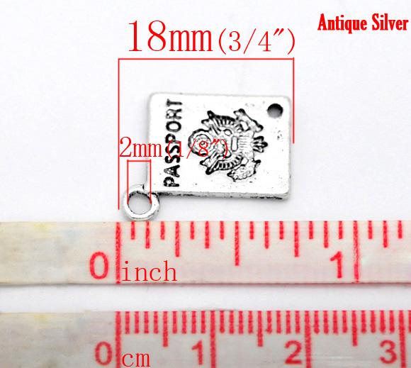 Picture of Zinc Based Alloy Charms Passport Antique Silver Color Message "passport" Carved 18mm( 6/8") x 12mm( 4/8"), 40 PCs