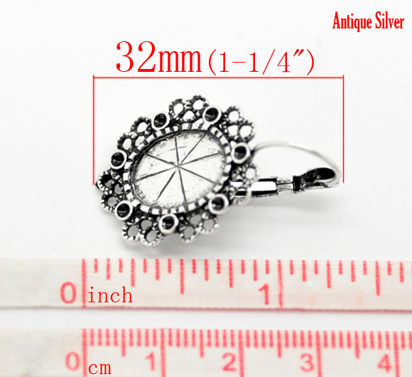 Imagen de 20 Unidades Aleación de Metal de Zinc & Latón Soporta a Cabachones Clip de oreja Óvalo Plata Antigua (Apta 15mm x 11mm) 3.7cm x2.1cm(1 4/8" x 7/8") - 3.5cm x2.1cm(1 3/8" x 7/8")