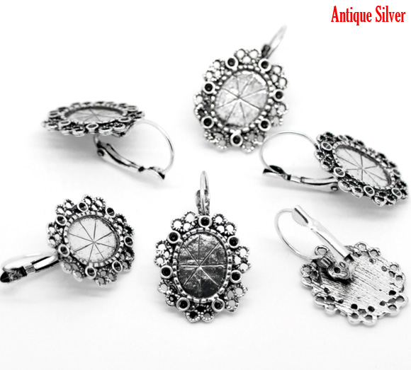 Imagen de 20 Unidades Aleación de Metal de Zinc & Latón Soporta a Cabachones Clip de oreja Óvalo Plata Antigua (Apta 15mm x 11mm) 3.7cm x2.1cm(1 4/8" x 7/8") - 3.5cm x2.1cm(1 3/8" x 7/8")