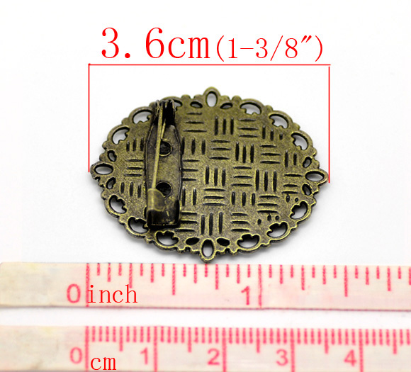 Picture of Zinc Based Alloy Pin Brooches Findings Oval Antique Bronze Cabochon Settings (Fits 25mm x 18mm) 36mm(1 3/8") x 29mm(1 1/8"), 10 PCs