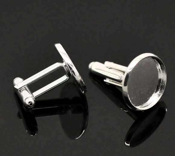 Picture of Brass Cuff Links Round Silver Plated Cabochon Settings (Fits 16mm Dia) 26mm(1") x 18mm( 6/8"), 10 PCs
