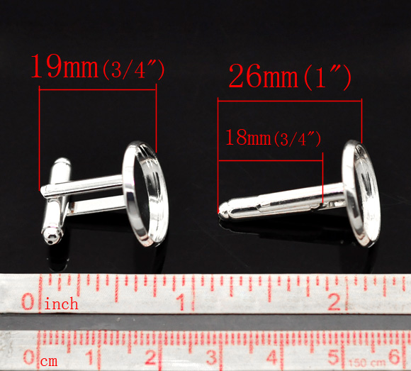 Picture of Brass Cuff Links Round Silver Plated Cabochon Settings (Fits 16mm Dia) 26mm(1") x 18mm( 6/8"), 10 PCs
