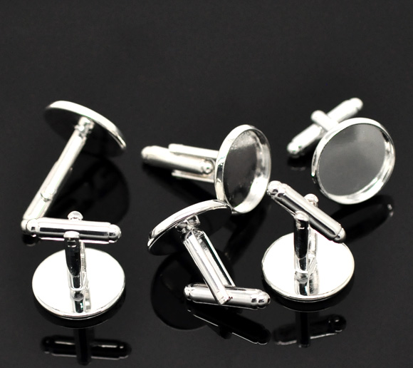 Picture of Brass Cuff Links Round Silver Plated Cabochon Settings (Fits 16mm Dia) 26mm(1") x 18mm( 6/8"), 10 PCs
