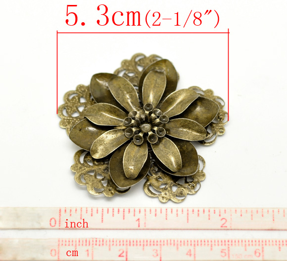 Picture of Antique Bronze Filigree Stamping Flower Embellishment Findings 5.3x5.1cm(2-1/8"x2"), sold per packet of 10