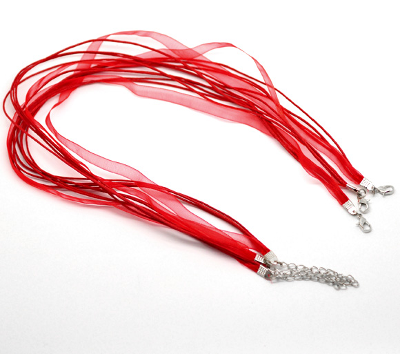 Picture of 20 PCs Organza Cord String Multilayer Layered Necklace Red 43cm(16.9") long