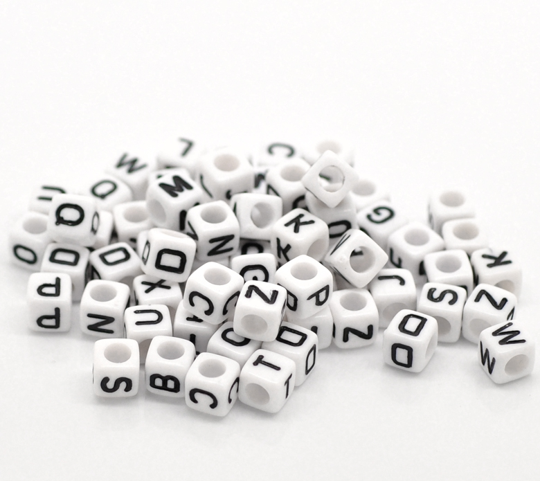 Picture of Acrylic Spacer Beads Cube White At Random Mixed Alphabet/ Letter About 6mm x 6mm, Hole: Approx 3.4mm, 500 PCs