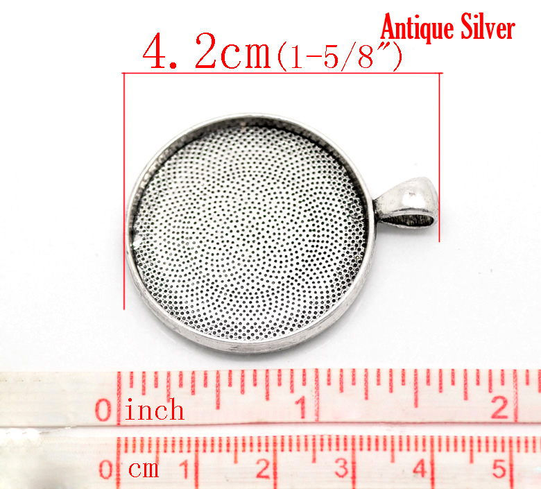 Picture of Zinc Based Alloy Cabochon Setting Pendants Round Disc Antique Silver Color (Fits 30mm Dia) 4.1cm x 3.3cm, 5 PCs