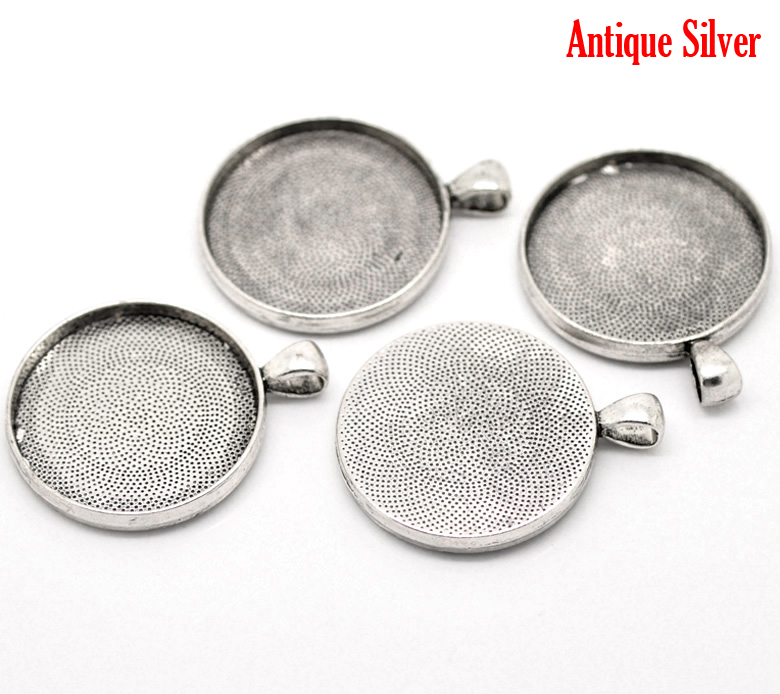 Picture of Zinc Based Alloy Cabochon Setting Pendants Round Disc Antique Silver Color (Fits 30mm Dia) 4.1cm x 3.3cm, 5 PCs