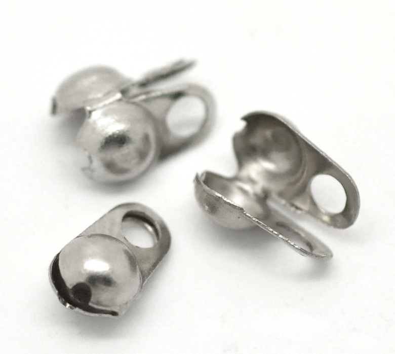 Picture of Stainless Steel Beads Tips (Knot Cover) Clamshell With 2 Closed Loops Silver Tone (Fit 3mm Ball Chain) 8mm x 4mm, 100 PCs