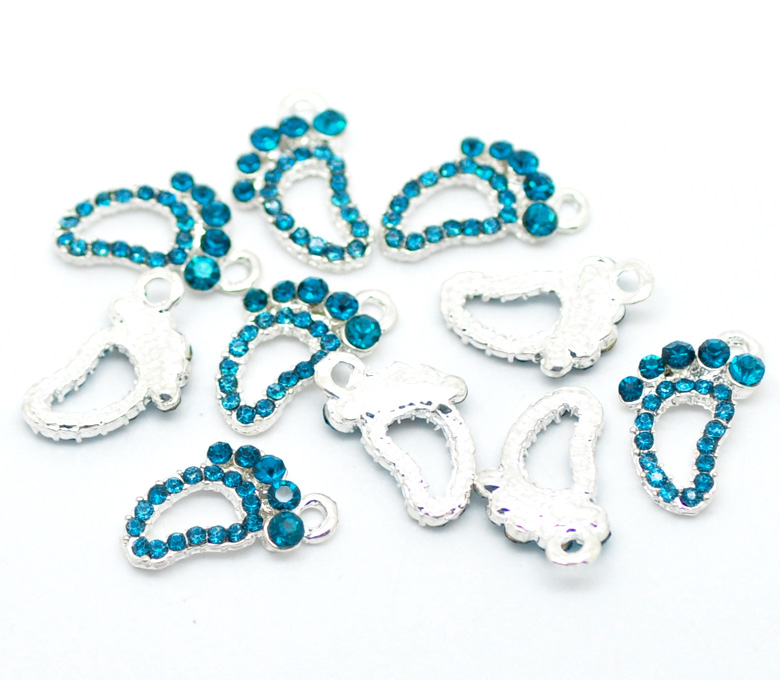 Imagen de Colgantes Aleación + Brillantito de Pies Argentado Rhinestone Azul Pavo 17.0mm x 11.0mm, 10 Unidades 