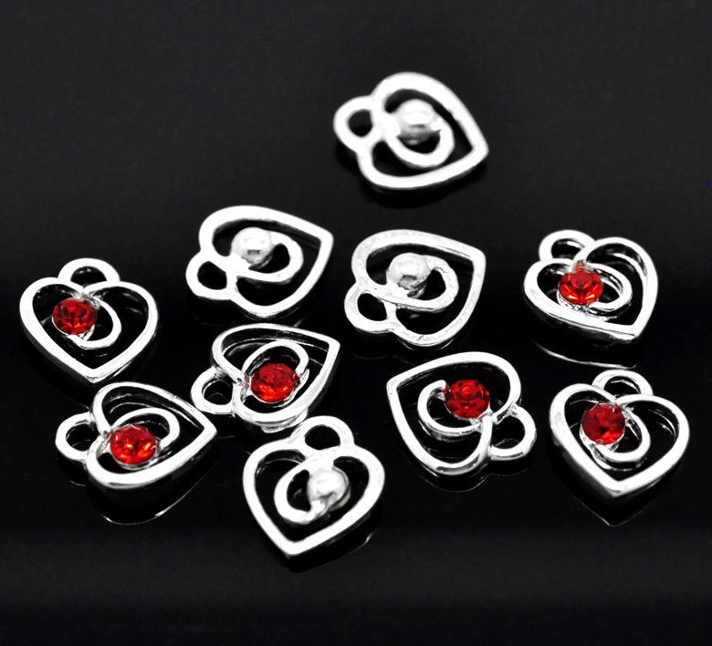 Imagen de Colgantes Aleación del Metal Del Zinc de Corazón Argentado Rhinestone Rojo 13.0mm x 12.0mm, 20 Unidades 
