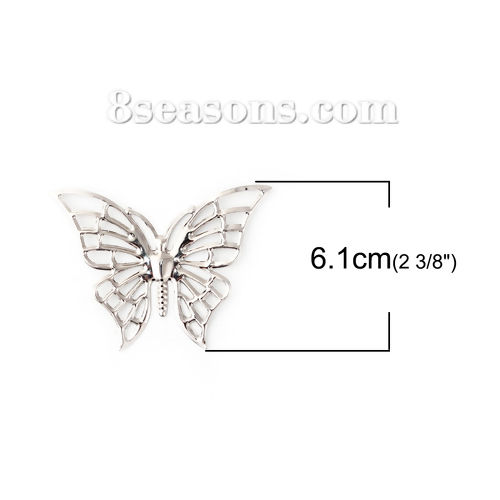 Imagen de Hierro Adornos Mariposa Tono de Plata Filigrana Tallado 61mm x 45mm, 30 Unidades