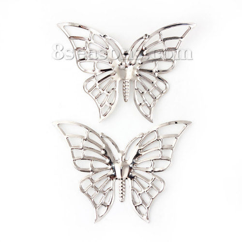 Imagen de Hierro Adornos Mariposa Tono de Plata Filigrana Tallado 61mm x 45mm, 30 Unidades