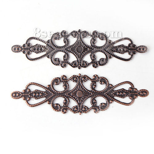 Bild von Eisenlegierung Embellishments Cabochons Blätter Rotkupferfarbe Filigran 65mm x 20mm, 50 Stück