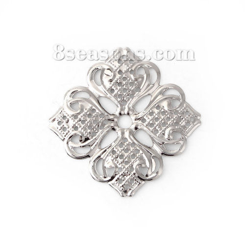Picture of Iron Based Alloy Embellishments Flower Silver Tone Filigree 35mm(1 3/8") x 35mm(1 3/8"), 50 PCs