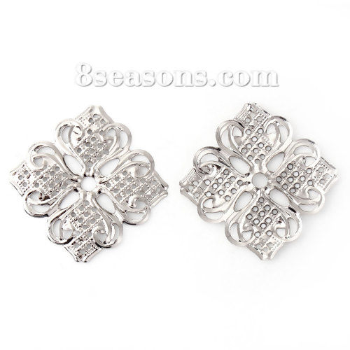 Picture of Iron Based Alloy Embellishments Flower Silver Tone Filigree 35mm(1 3/8") x 35mm(1 3/8"), 50 PCs