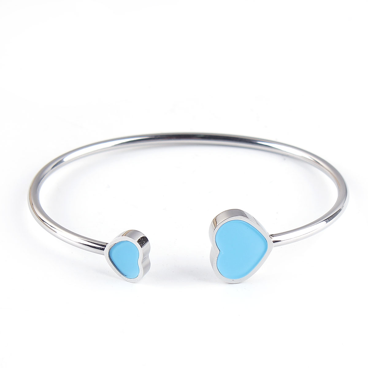 Imagen de 304 Acero Inoxidable Abierta Cuff Brazaletes Pulseras Tono de Plata Azul Cielo Corazón Elástico 18cm longitud, 1 Unidad
