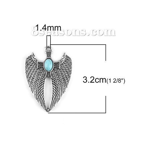 Picture of Zinc Based Alloy Pendants Wing Antique Silver Color Blue Cross Imitation Turquoise 32mm(1 2/8") x 23mm( 7/8"), 10 PCs