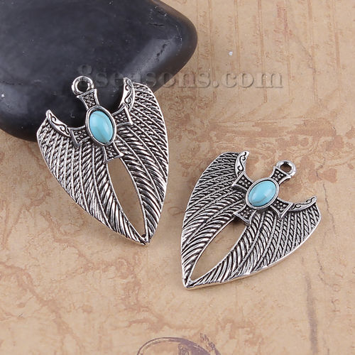 Picture of Zinc Based Alloy Pendants Wing Antique Silver Color Blue Cross Imitation Turquoise 32mm(1 2/8") x 23mm( 7/8"), 10 PCs