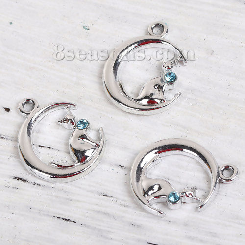 Imagen de Zamak Galaxia Colgantes Charms Luna Media Tono de Plata Gato Azul Zafiro Rhinestone 20mm x 16mm, 20 Unidades