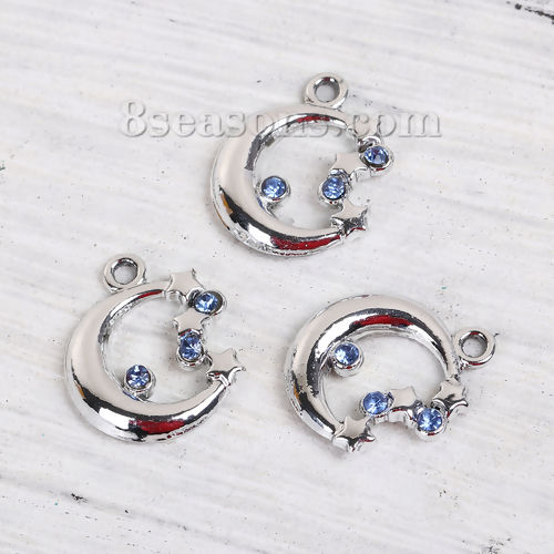 Imagen de Zamak Colgantes Charms Luna Media Tono de Plata Estrella Azul Rhinestone 17mm x 15mm, 20 Unidades