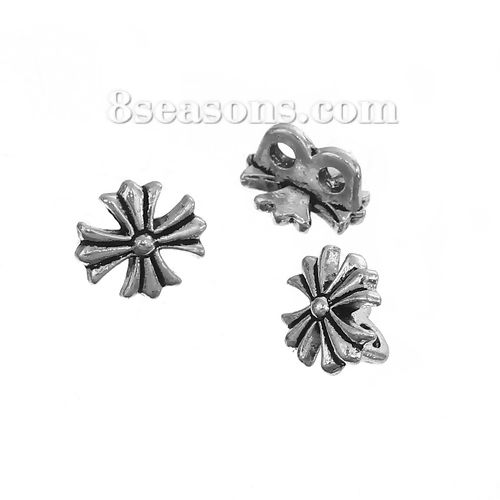 Imagen de Zamak Cuentas Dos Agujeros Flor Plata Antigua 9mm x 8mm, Agujero: Aprox 1.7mm, 200 Unidades