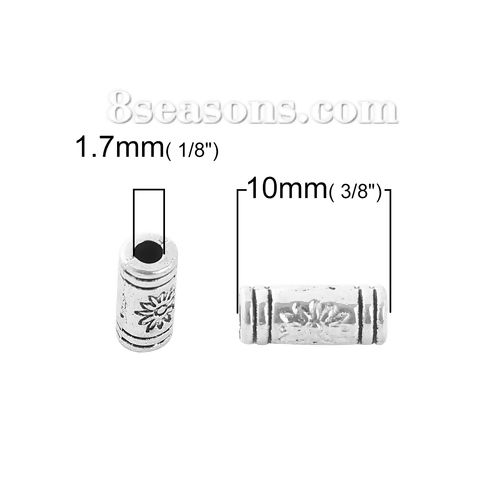 Imagen de Zamak Cuentas Cilíndrico Plata Antigua Flor 10mm x 4mm, Agujero: Aprox 1.7mm, 100 Unidades