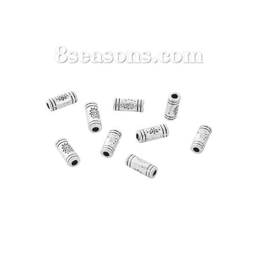 Imagen de Zamak Cuentas Cilíndrico Plata Antigua Flor 10mm x 4mm, Agujero: Aprox 1.7mm, 100 Unidades