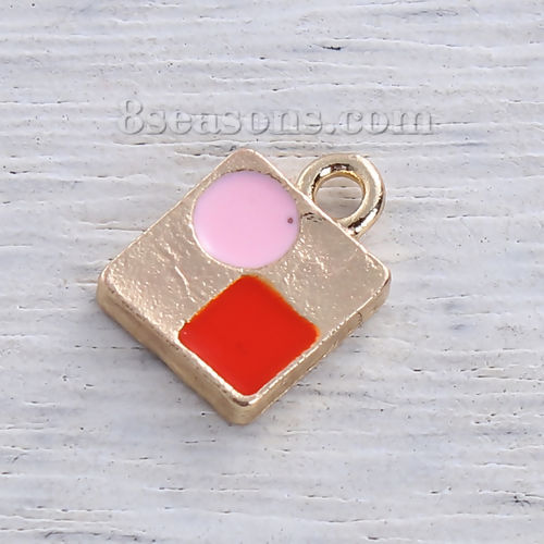 Picture of Zinc Based Alloy Makeup Charms Square Foundation Gold Plated Red Enamel 13mm( 4/8") x 9mm( 3/8"), 15 PCs