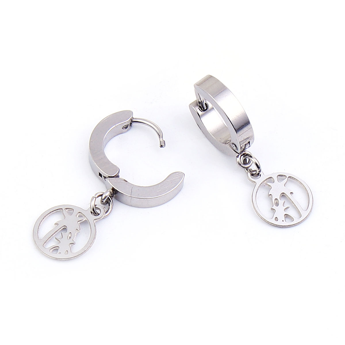Imagen de 304 Acero Inoxidable Pendientes Círculos Tono de Plata Árbol de coco Ronda 30mm x 14mm, Post/ Wire Size: (19 gauge), 1 Par