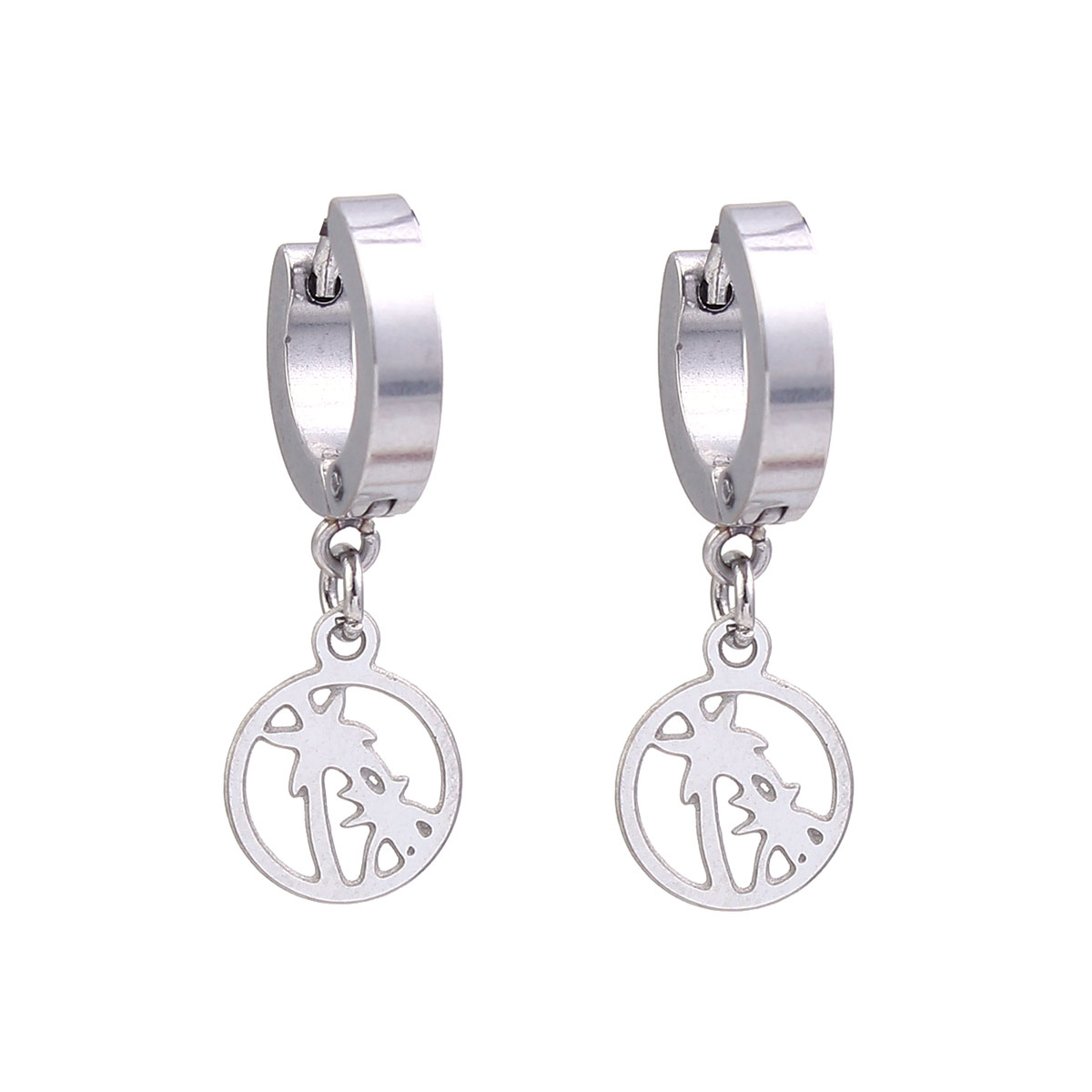 Imagen de 304 Acero Inoxidable Pendientes Círculos Tono de Plata Árbol de coco Ronda 30mm x 14mm, Post/ Wire Size: (19 gauge), 1 Par