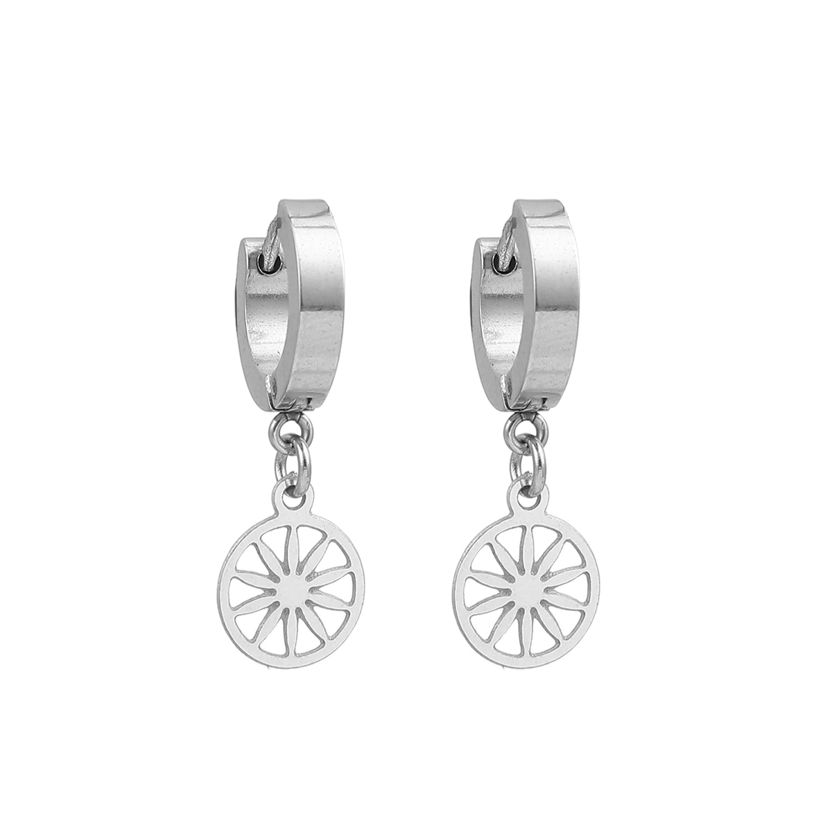 Imagen de 304 Acero Inoxidable Pendientes Círculos Tono de Plata Ronda Sol 30mm x 14mm, Post/ Wire Size: (19 gauge), 1 Par