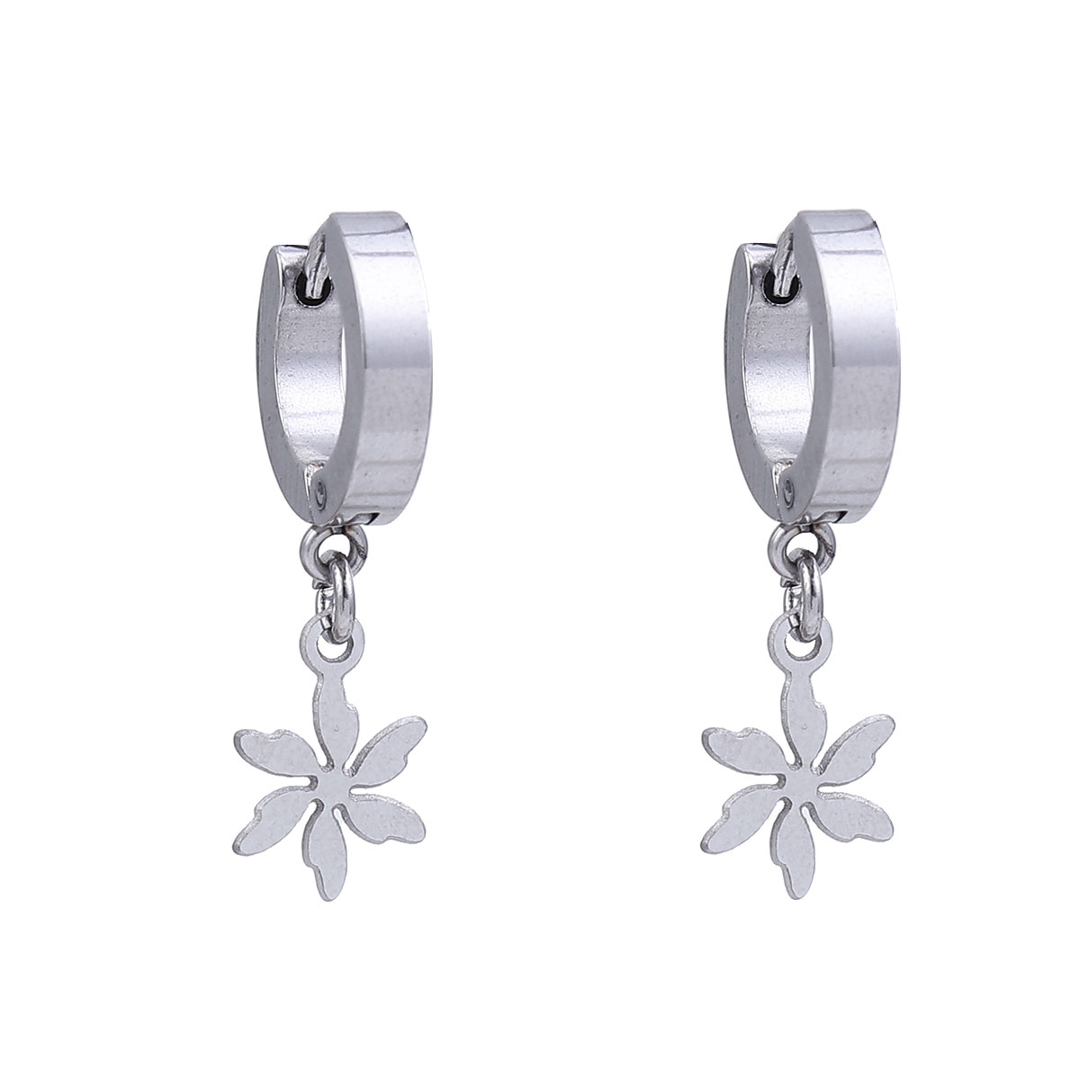 Picture of 304 Stainless Steel Hoop Earrings Silver Tone Flower 29mm(1 1/8") x 14mm( 4/8"), Post/ Wire Size: (19 gauge), 1 Pair