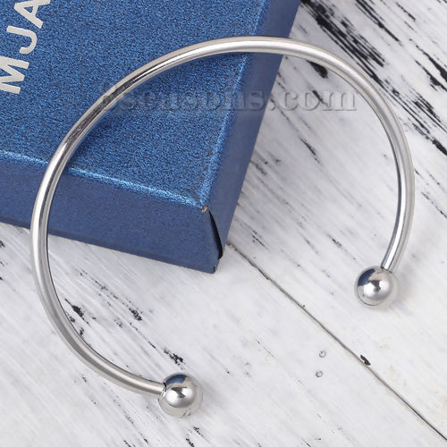 Imagen de 304 Acero Inoxidable Abierta Cuff Brazaletes Pulseras Tono de Plata Ronda 17cm longitud, 1 Unidad