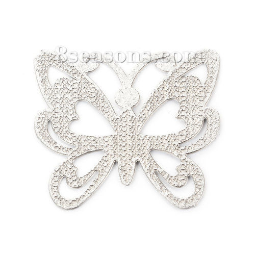 Picture of 304 Stainless Steel Embellishments Butterfly Animal Silver Tone Filigree 30mm(1 1/8") x 29mm(1 1/8"), 5 PCs