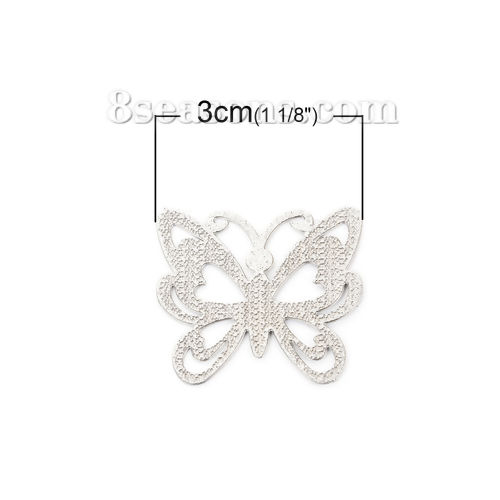 Picture of 304 Stainless Steel Embellishments Butterfly Animal Silver Tone Filigree 30mm(1 1/8") x 29mm(1 1/8"), 5 PCs