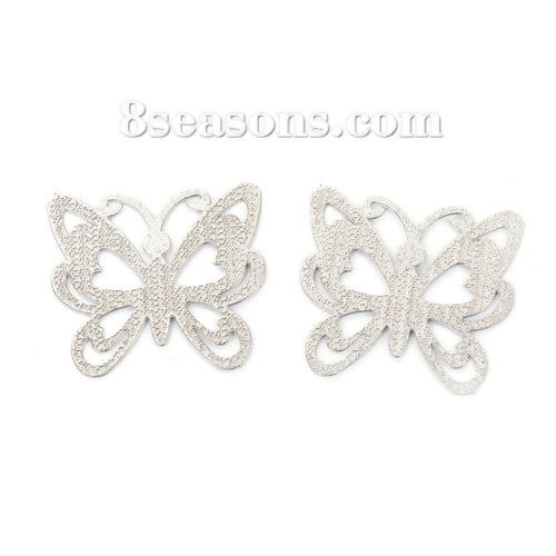 Picture of 304 Stainless Steel Embellishments Butterfly Animal Silver Tone Filigree 30mm(1 1/8") x 29mm(1 1/8"), 5 PCs